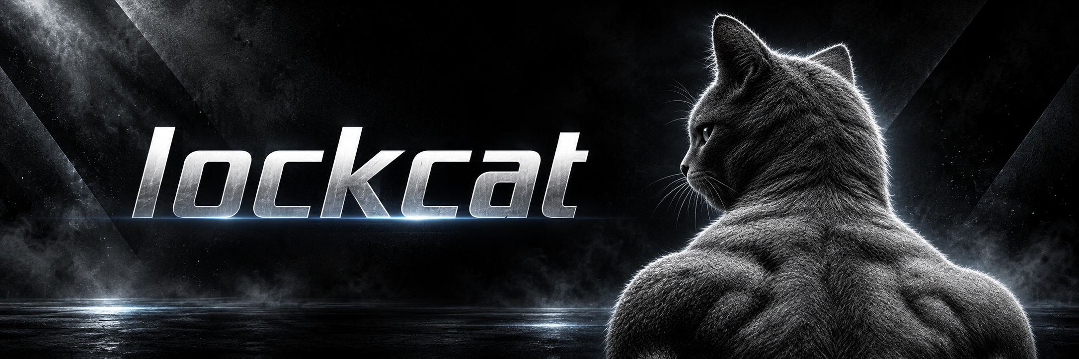 lockcat banner, chrome wordmark beside the locked-in cat